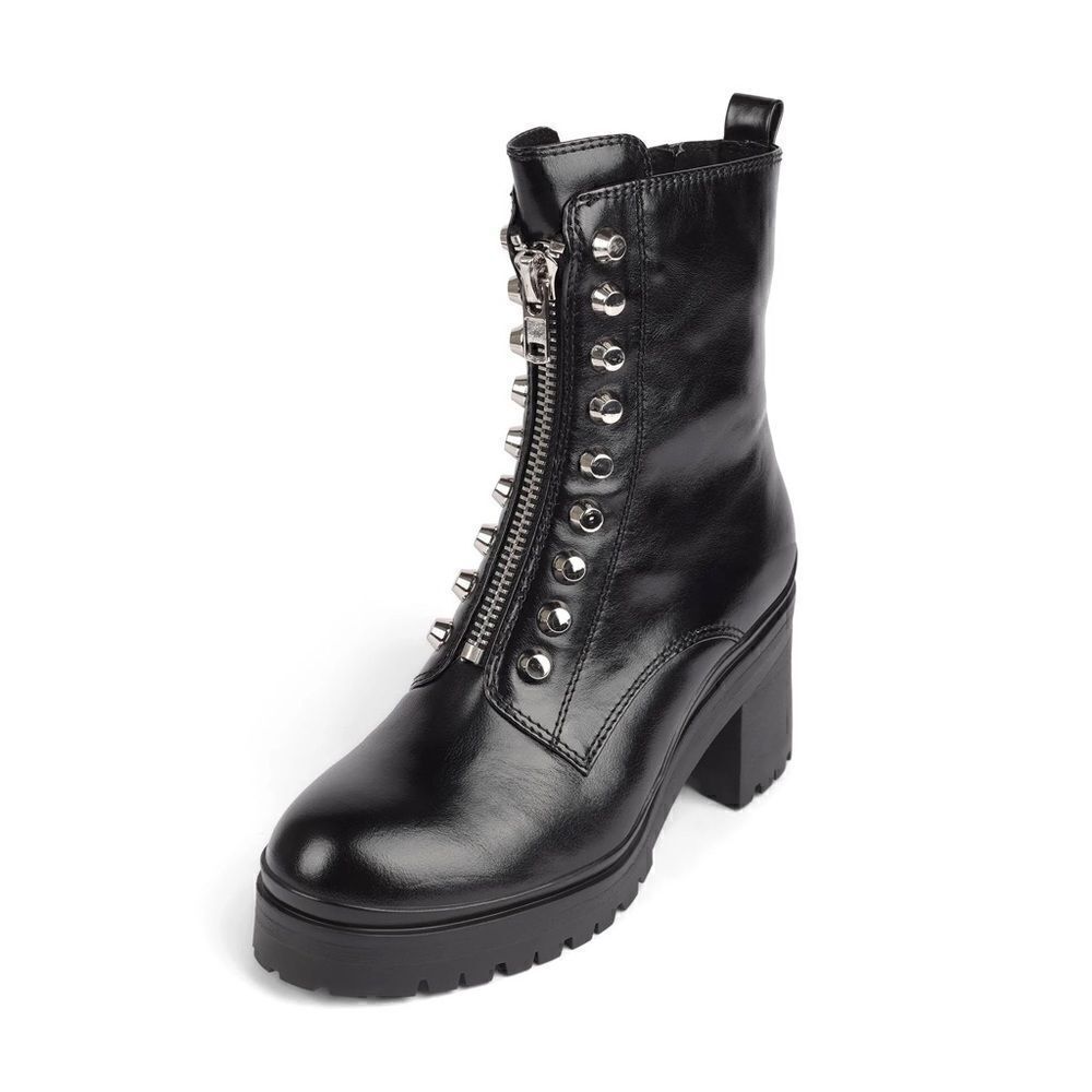 Jeffrey Campbell Black Leather Studded Combat Boot with Center Zipper